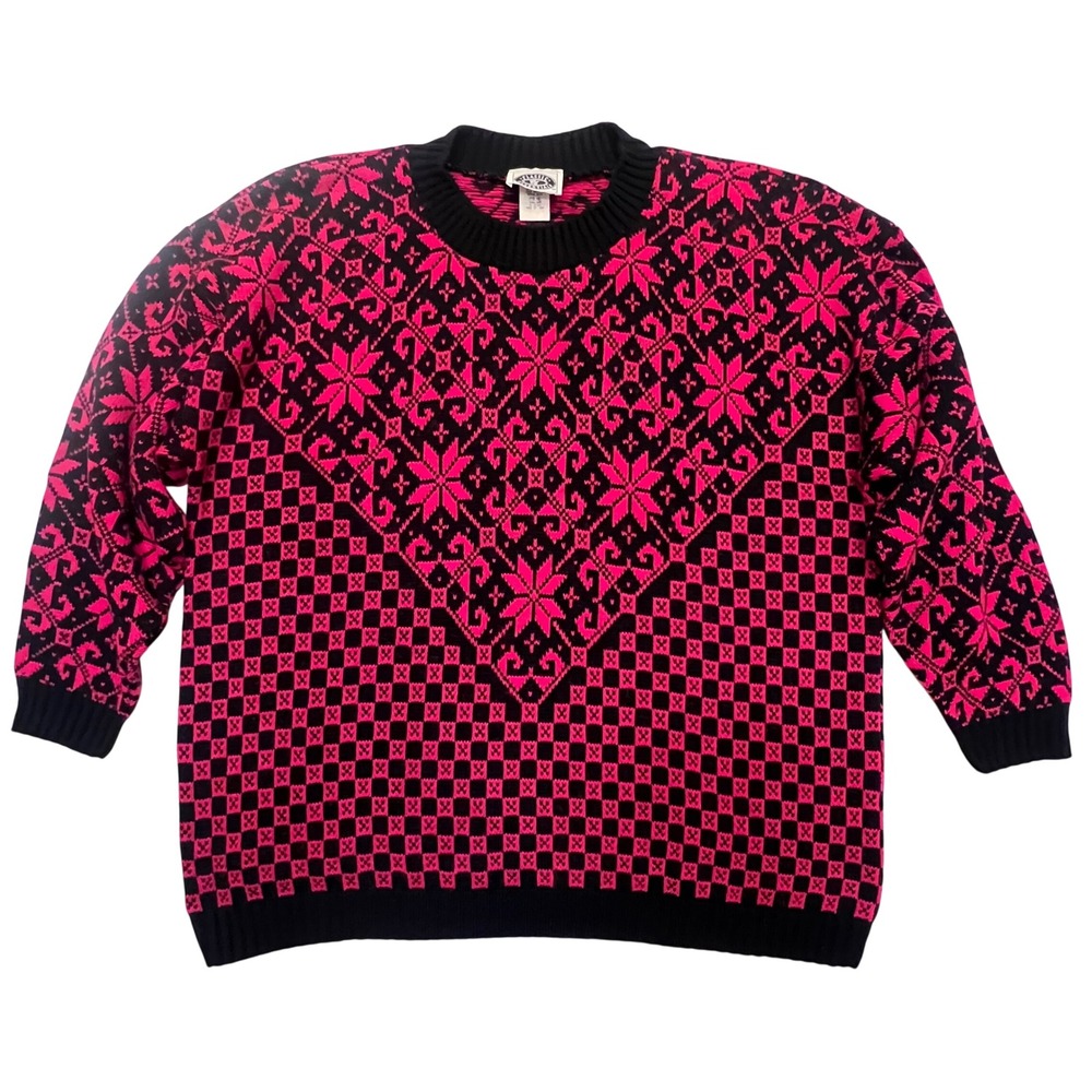 Vintage Retro Punk 80s Hot Pink Black Geometric‎ Made in USA Sweater Size 18W